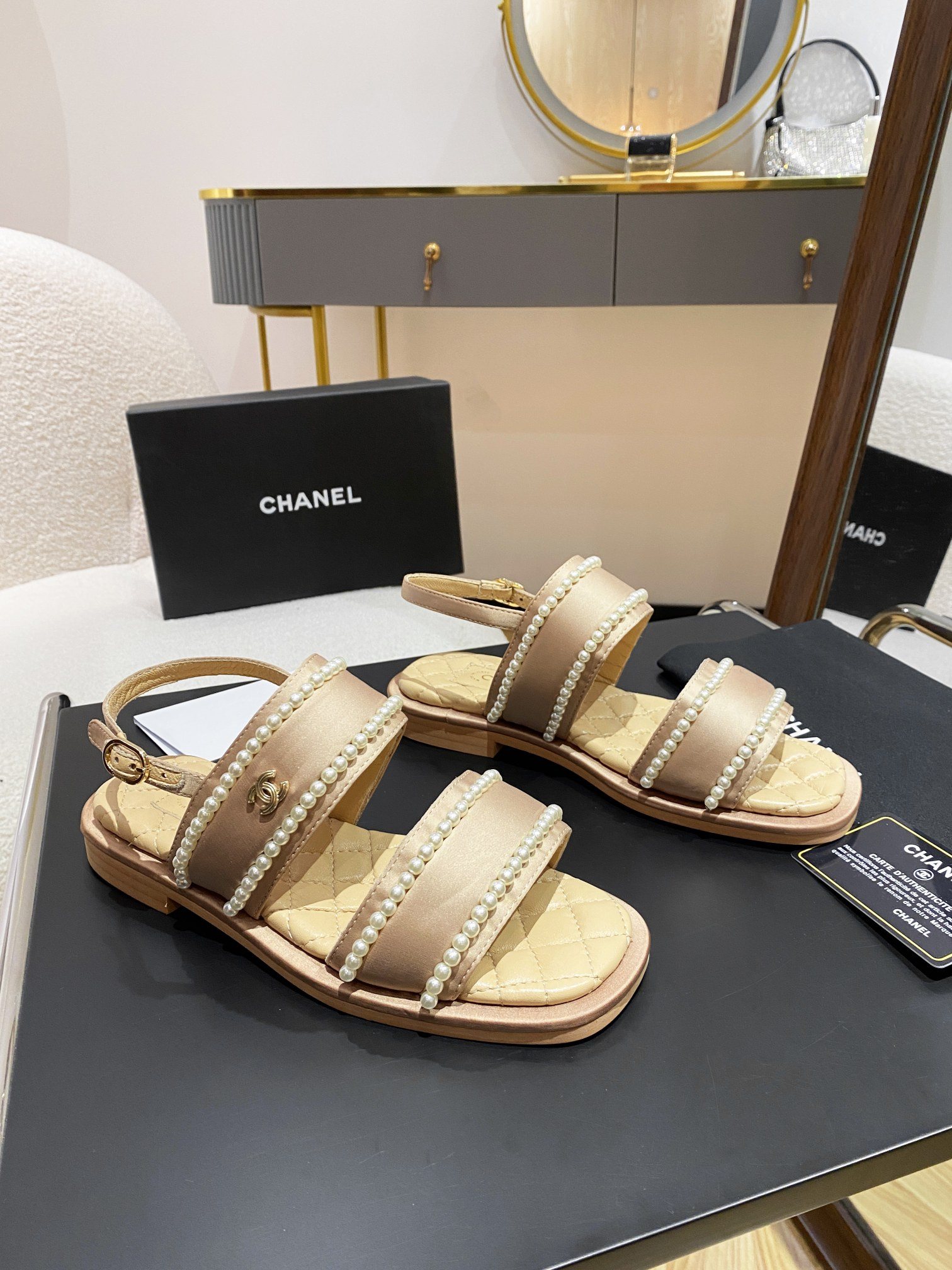 Ch**el Pearl Flat Sandals Brown For Women