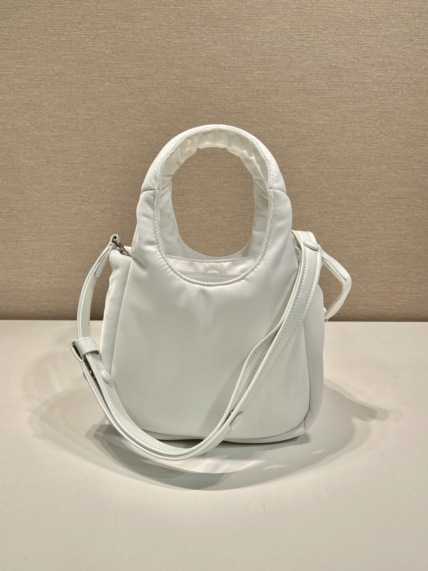 Pra*a Soft Padded Re-Nylon Mini-Bag White/Pink/Beige For Women 7.1in/18cm 1BA359_RCCJ_F0009_V_OVM