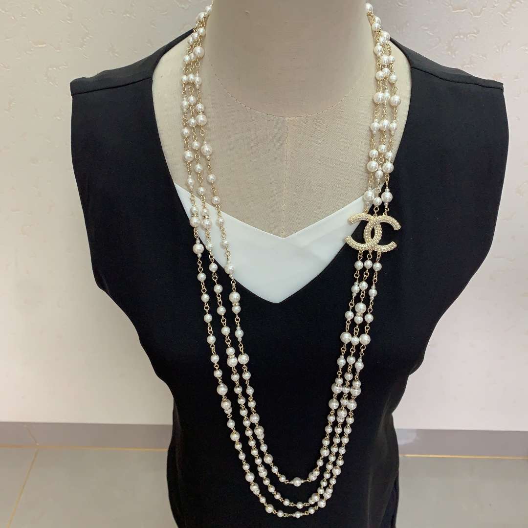 Ch**el Three-Layer Pearl Necklace Gold For Women