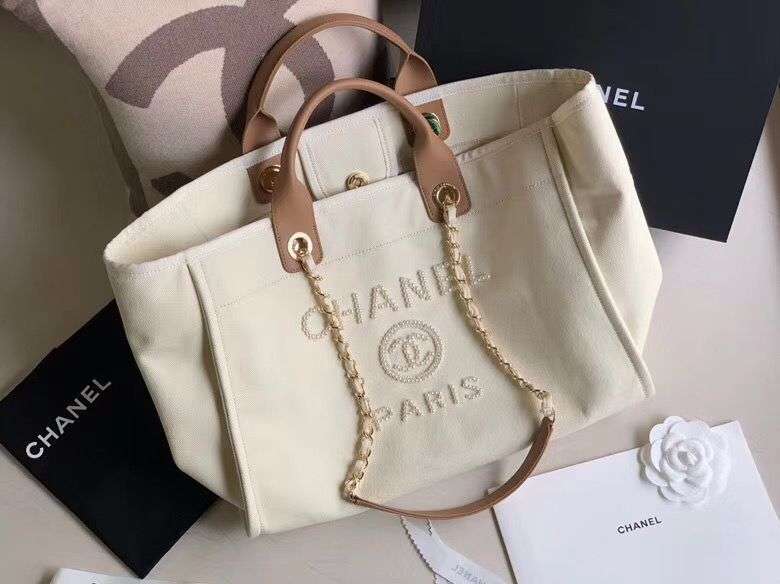 Ch**el Large Deauville Pearl Tote Bag White For Women 15in/38cm A66941