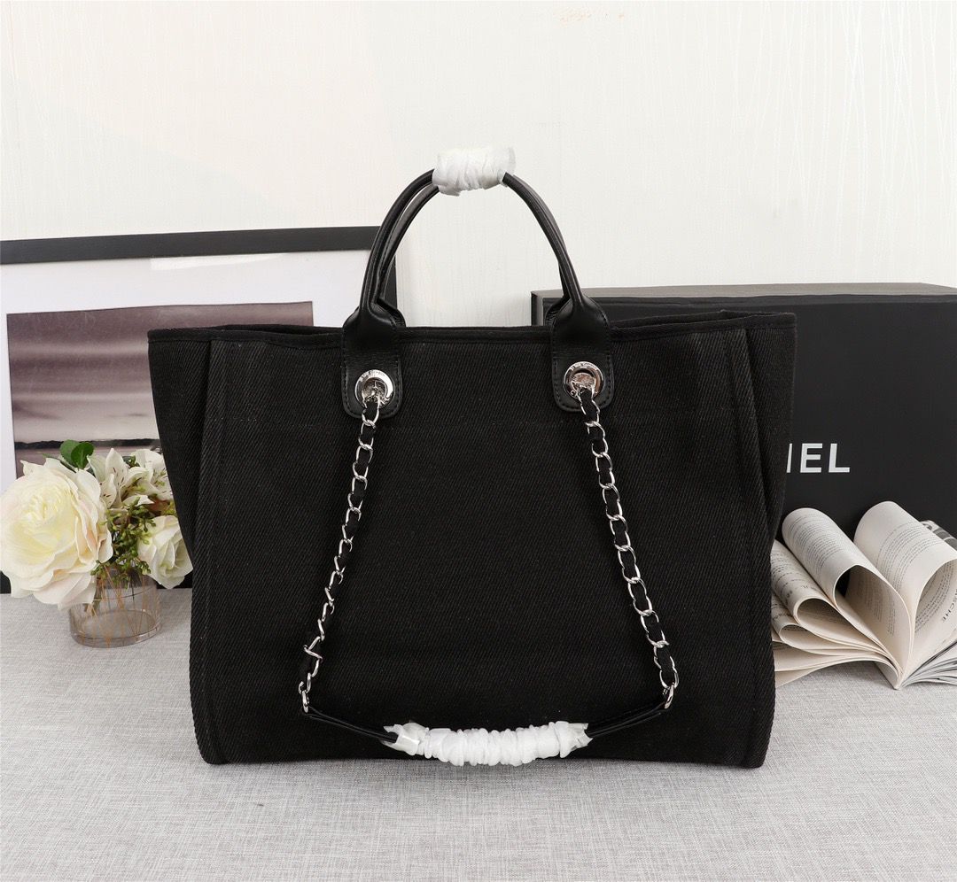 Ch**el Large Deauville Pearl Tote Bag Black For Women 15in/38cm A66941