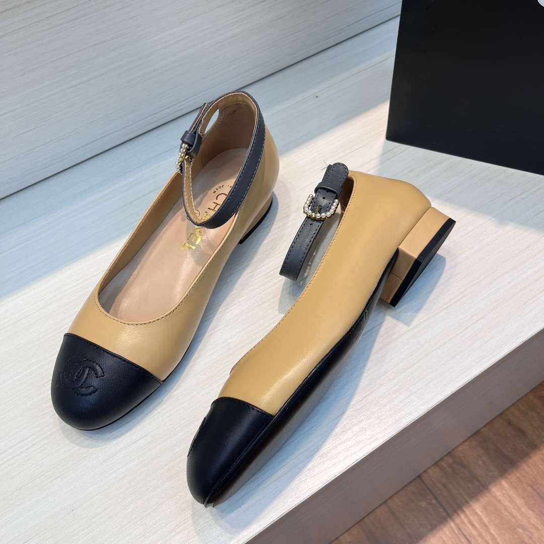 Ch**el Round Toe Flats Buckle Strap Pearl Beige For Women