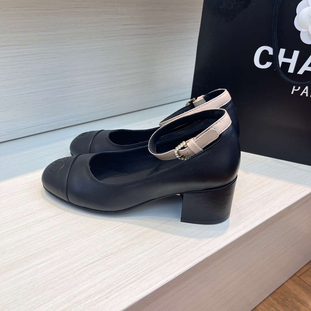 Ch**el Round Buckle Strap Pearl Mary Jane Black For Women