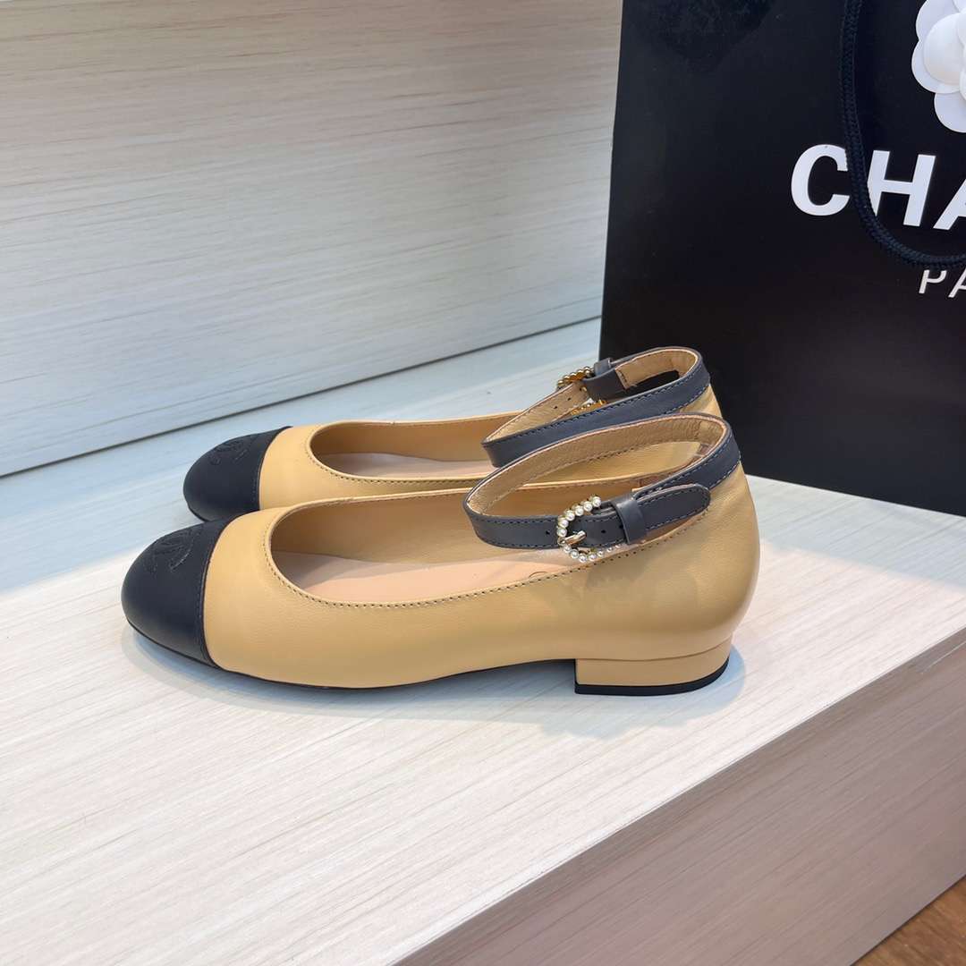 Ch**el Round Toe Flats Buckle Strap Pearl Beige For Women