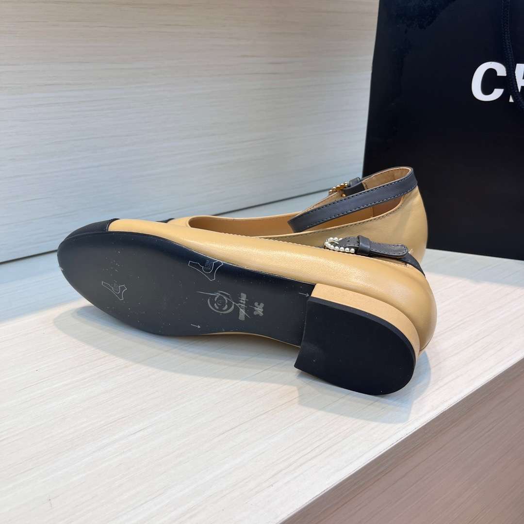 Ch**el Round Toe Flats Buckle Strap Pearl Beige For Women