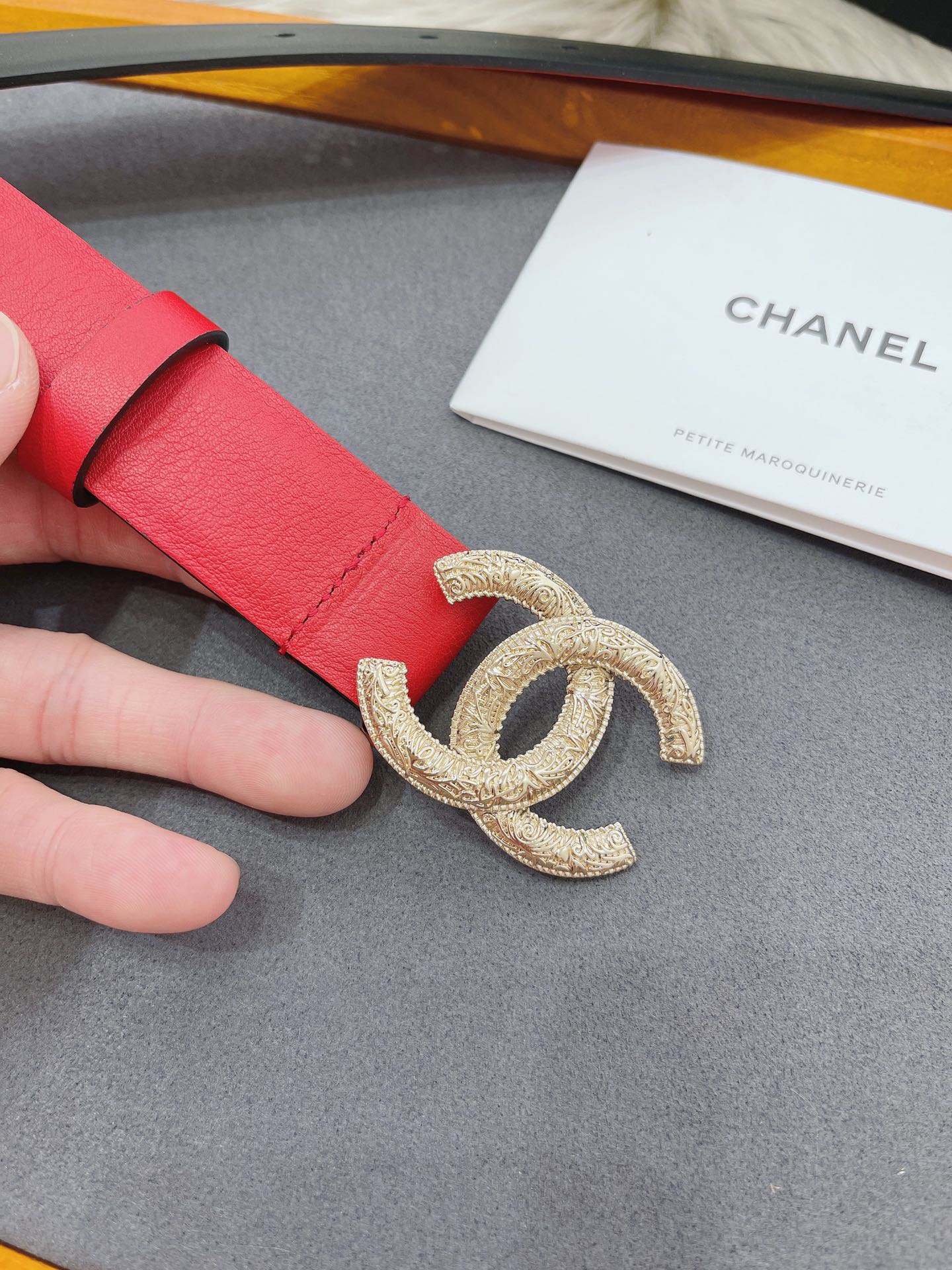 Ch**el Attach Stone Metal CC Belt Red For Women