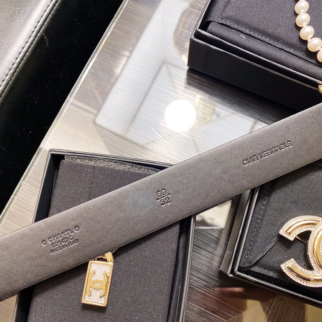 Ch**el Mini Stone Interlocking C Buckle Belt Black For Women