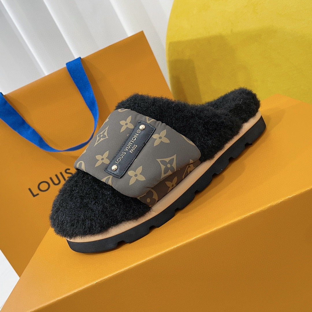 L0vis Vvtt0n Slipper Pillow Flat Comfort Mule Black For Women