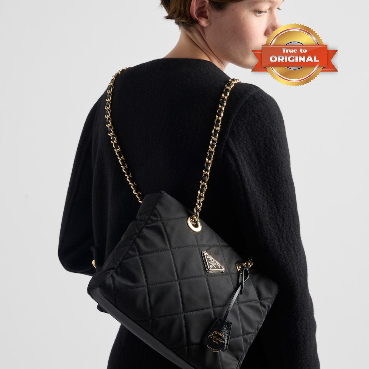 [True-to-ORIGINAL] Pra*a Re-Edition 1995 Chaîne Re-Nylon Tote Bag Black For Women 25cm/9.8in 1BG468_2AOS_F0002_V_COO