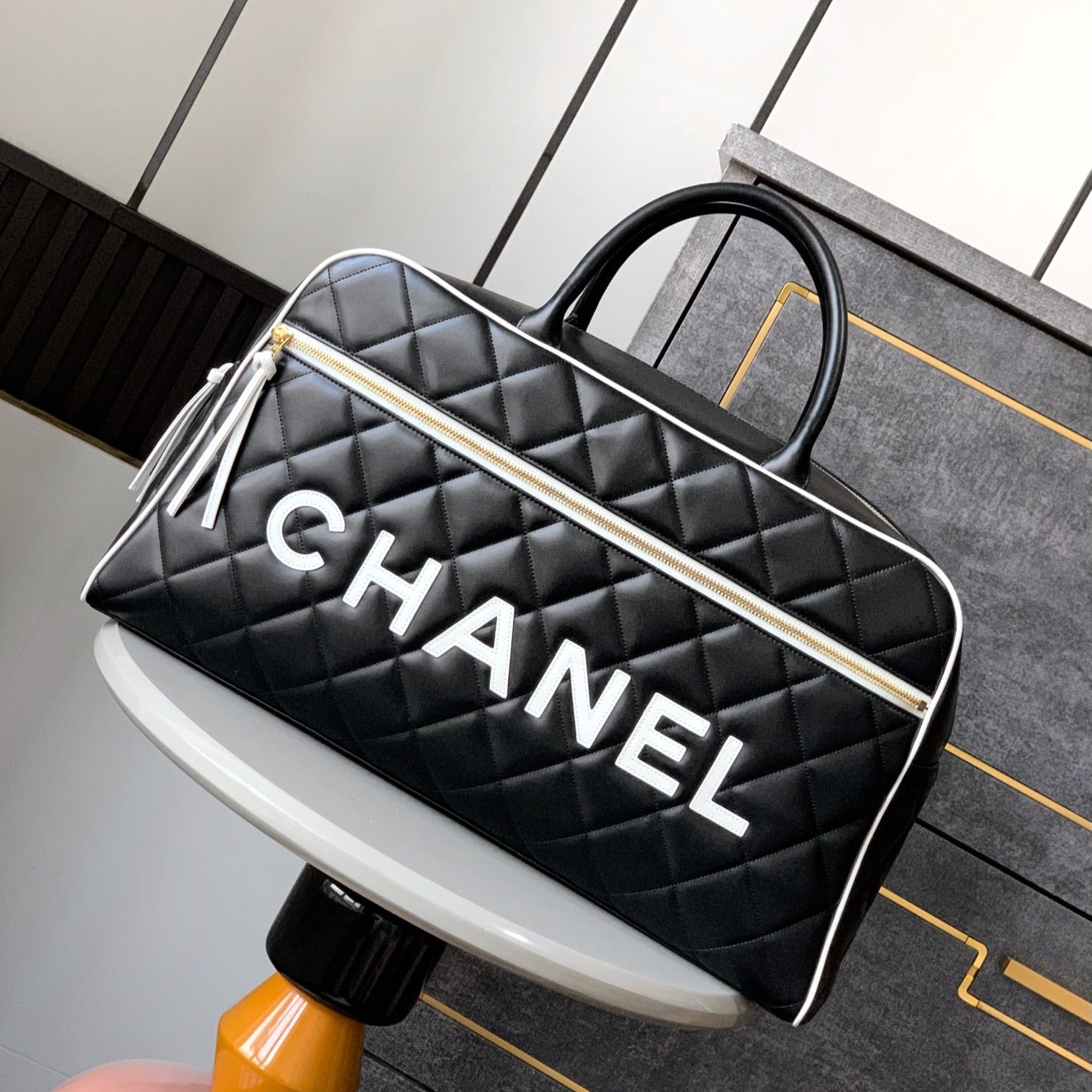 Ch**el Quilted Vintage Sports Line Boston Bag Black For Women 19in/48cm