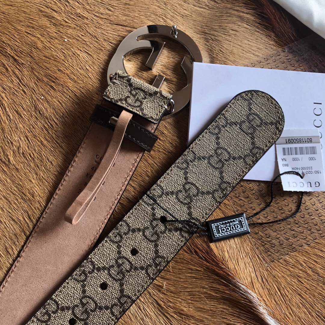 Gvc*1 GG Belt 38mm With Interlocking G Buckle Beige/Ebony For Men 411924 KGDHN 9643