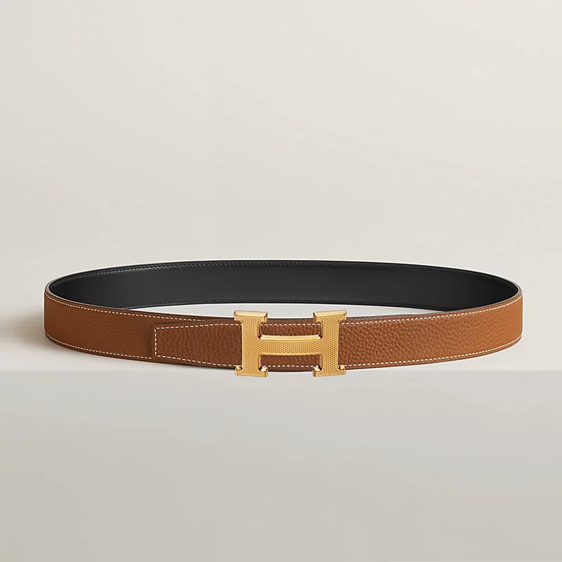 H**me5 H Guillochee Belt 32mm Buckle And Reversible Leather Strap Noir/Gold H064540CC06