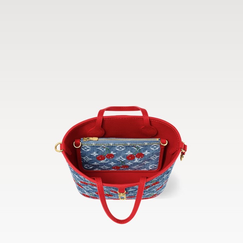 [True-to-ORIGINAL] L0vis Vvtt0n LV x TM Neverfull Inside Out BB Cherry Denim For Women 10.4in/26cm M14997