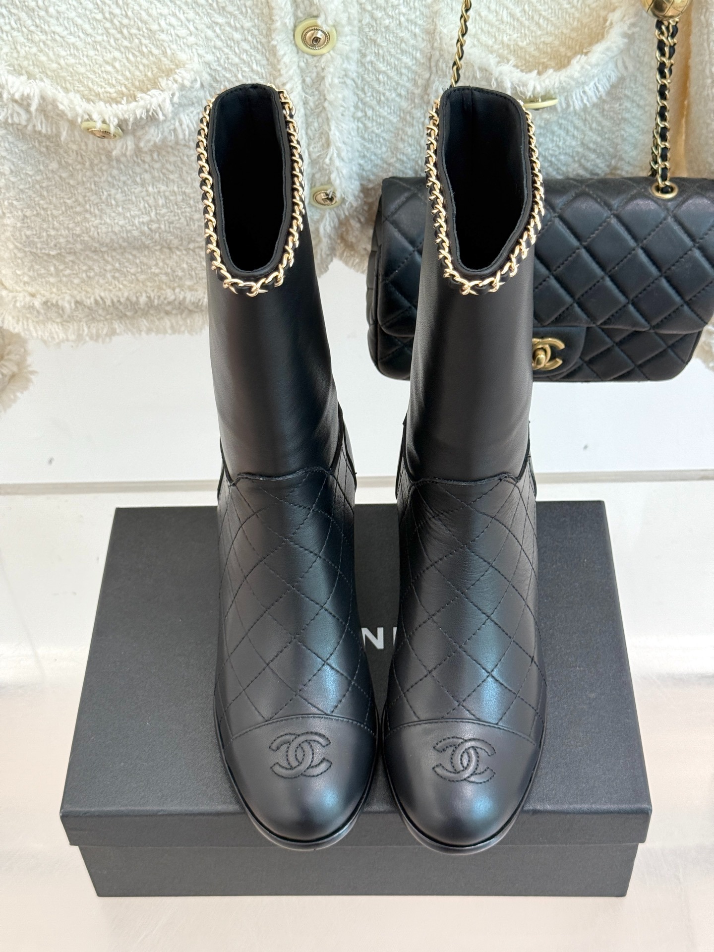 Ch**el Double C Chunky Heel Boots With Chain Detail Black For Women