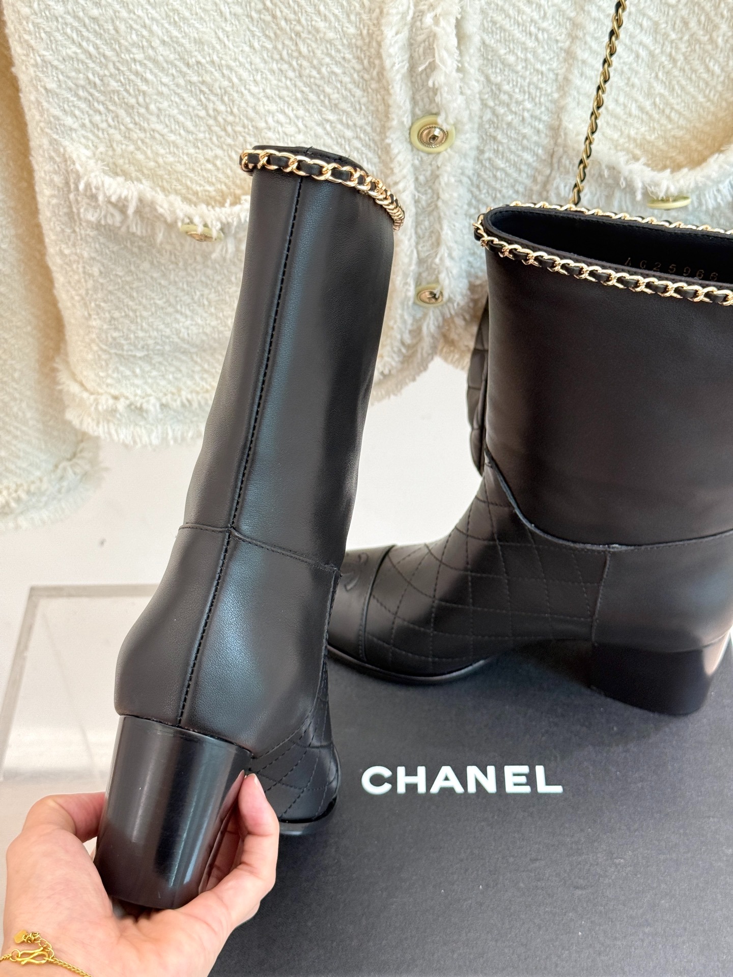 Ch**el Double C Chunky Heel Boots With Chain Detail Black For Women