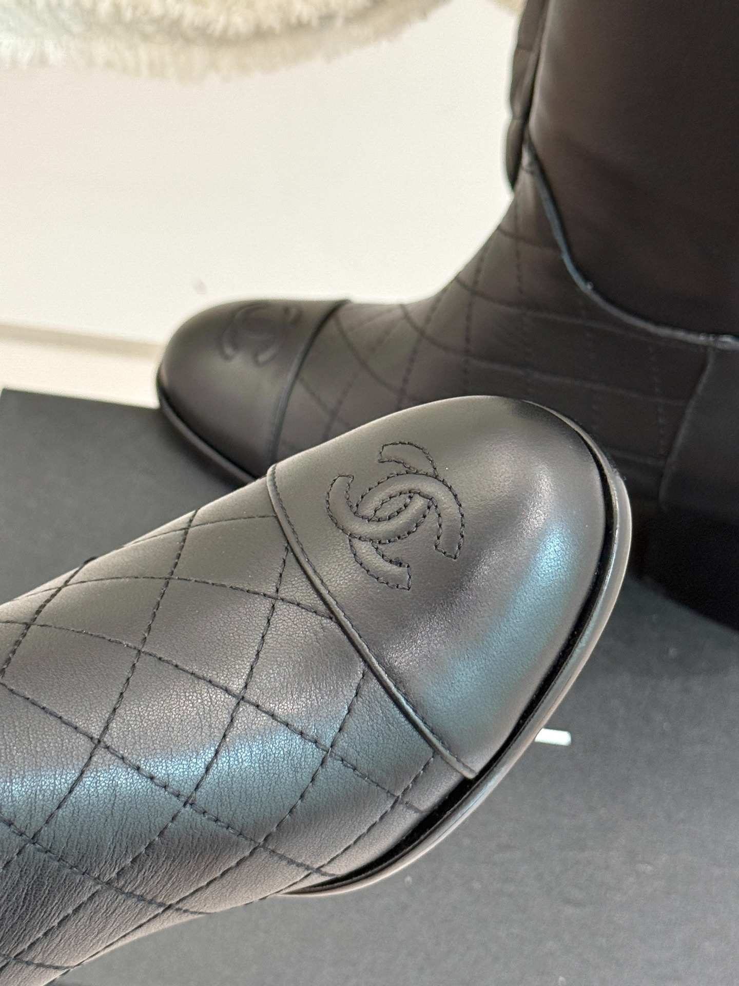 Ch**el Double C Chunky Heel Boots With Chain Detail Black For Women