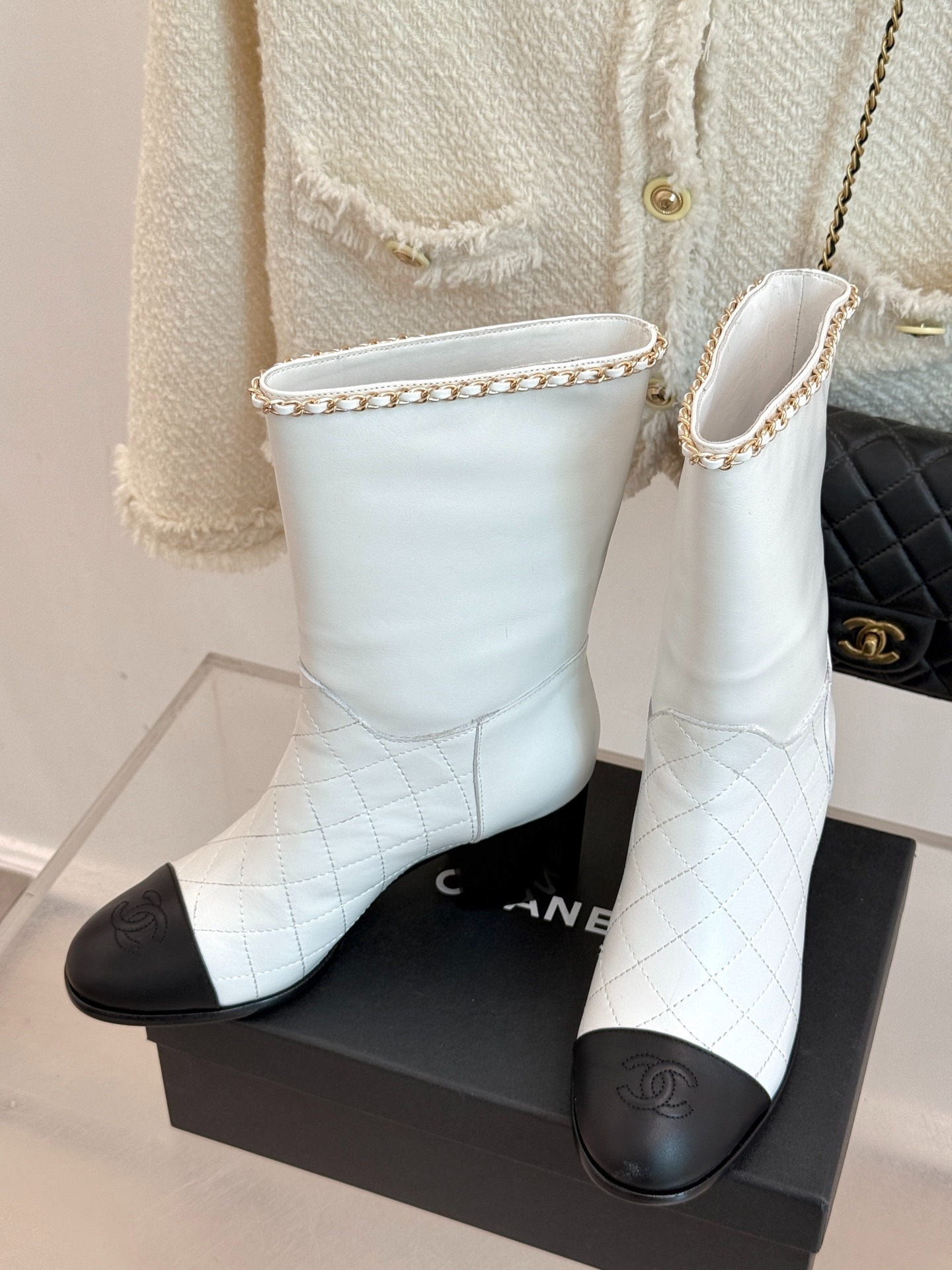 Ch**el Double C Chunky Heel Boots With Chain Detail White For Women