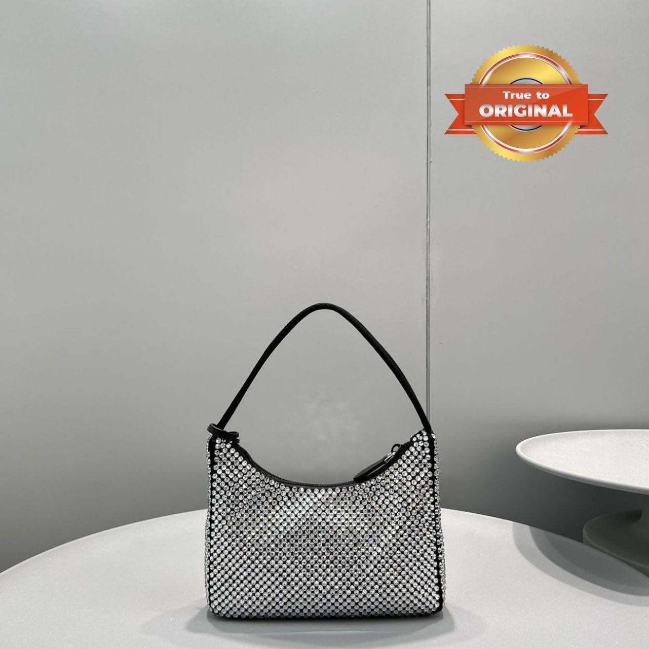 [True-to-ORIGINAL] Pra*a Satin Mini-Bag With Crystals Silver For Women 8.6in/22cm 1BC515_2AWL_F0T7O_V_OOO