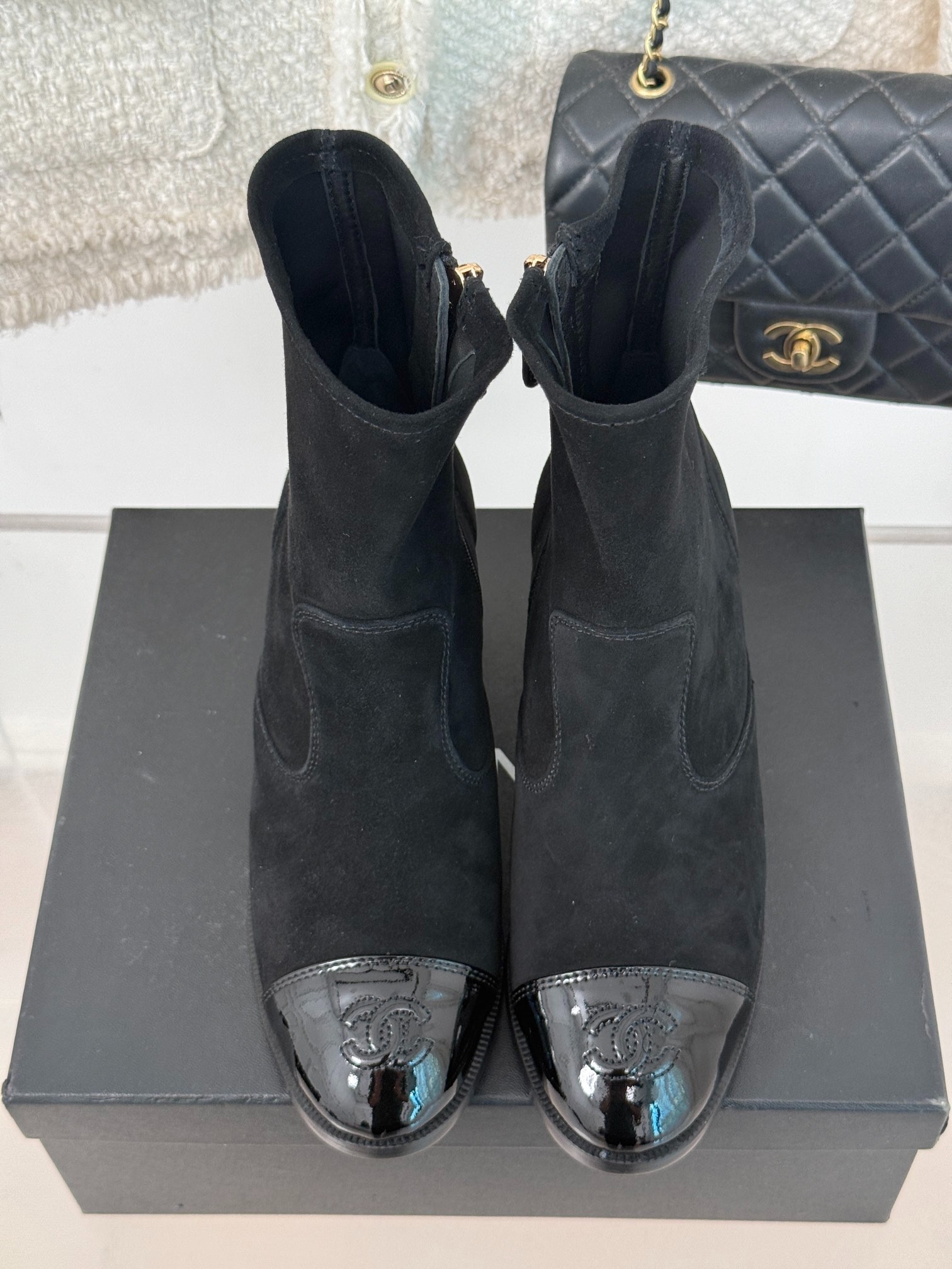 Ch**el Ankle Chunky Heel Boots Black 7cm/2.8in For Women