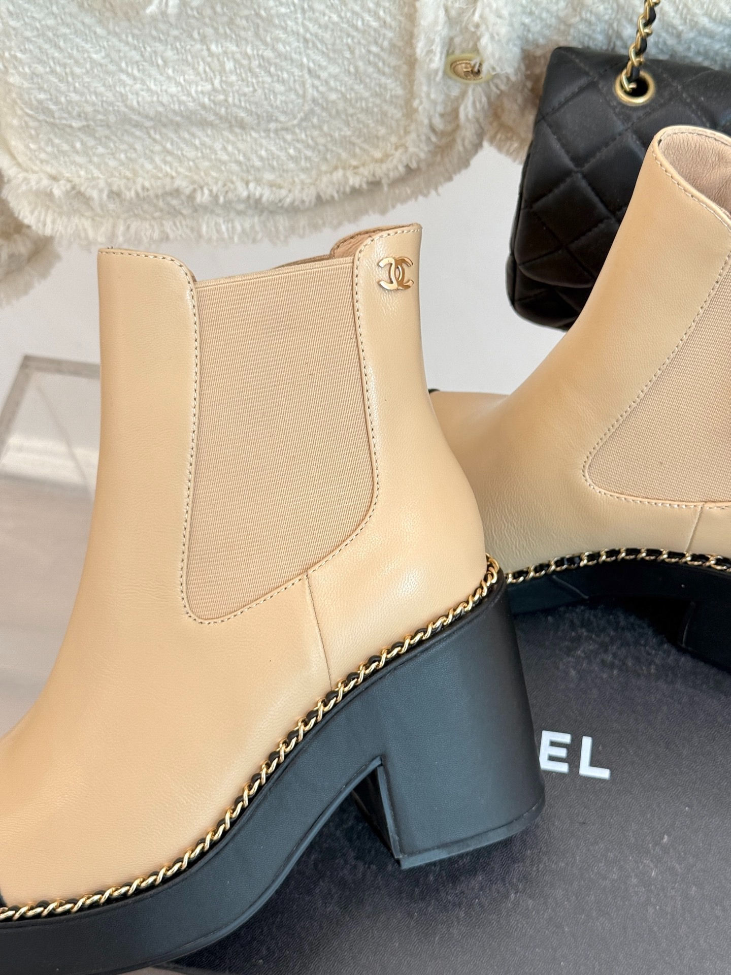 Ch**el Chelsea Chunky Heel Boots Two Tone Beige And Black For Women