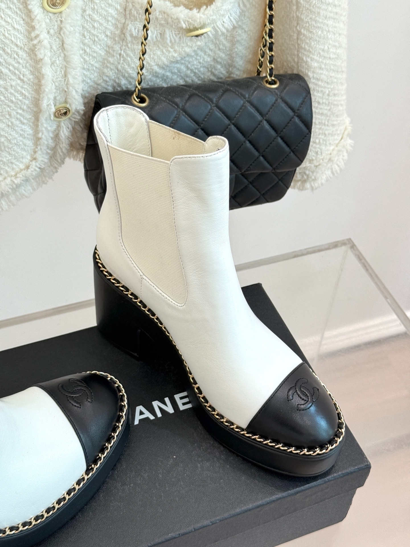 Ch**el Chelsea Chunky Heel Boots Two Tone White And Black For Women