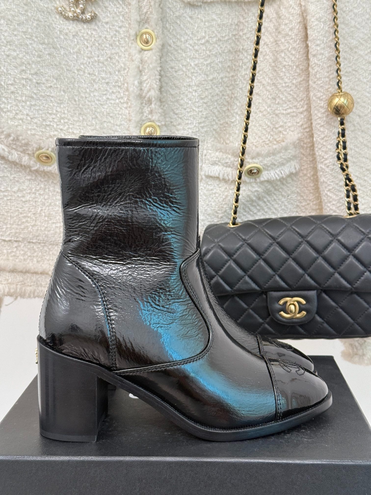 Ch**el Glossy Chunky Ankle Heel Boots Black 7cm/2.8in For Women