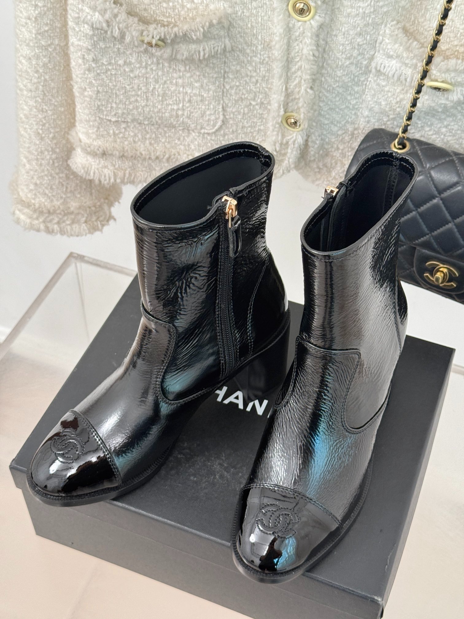 Ch**el Glossy Chunky Ankle Heel Boots Black 7cm/2.8in For Women