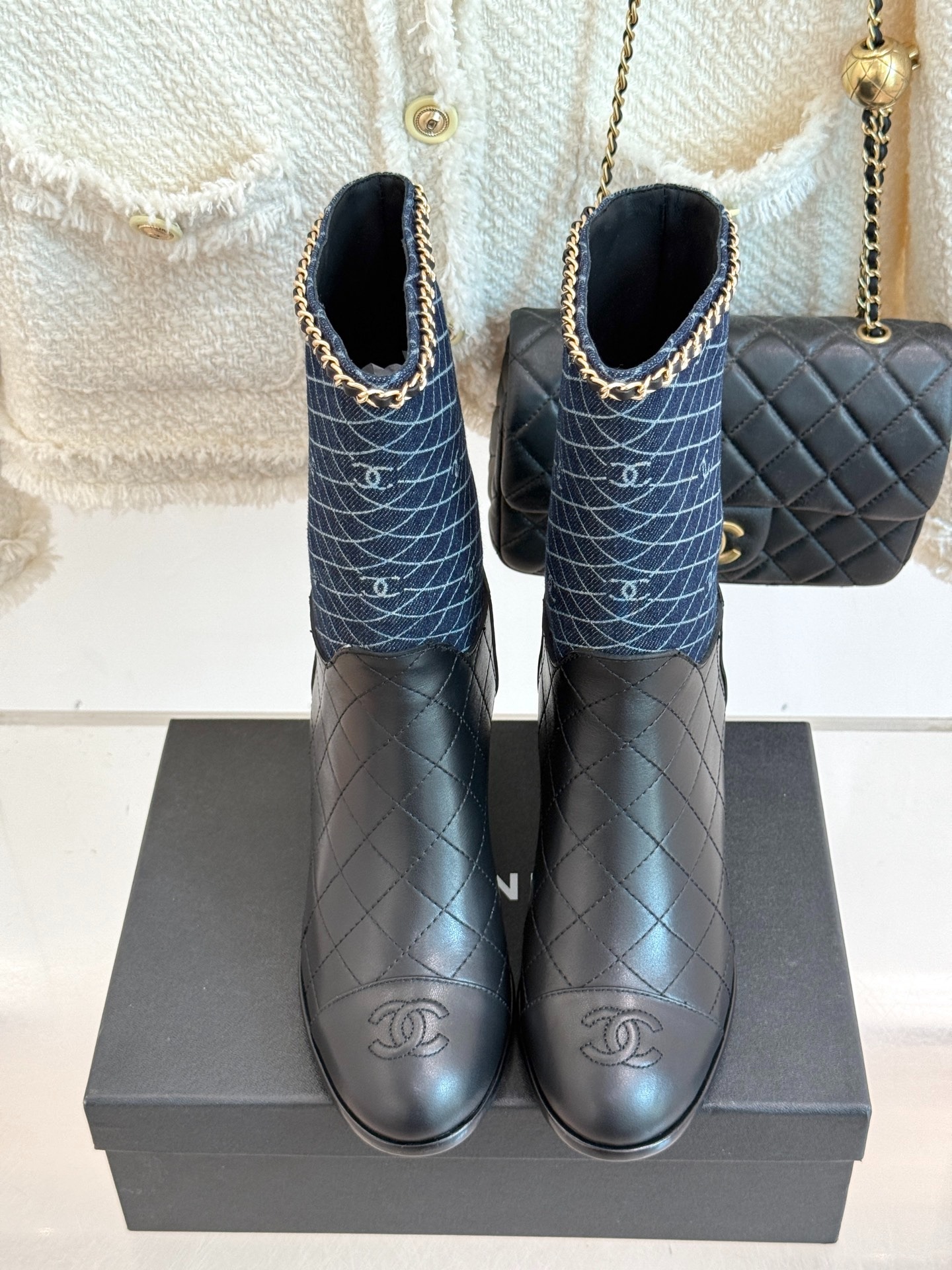 Ch**el Double C Chunky Heel Boots With Chain Detail Blue Denim For Women