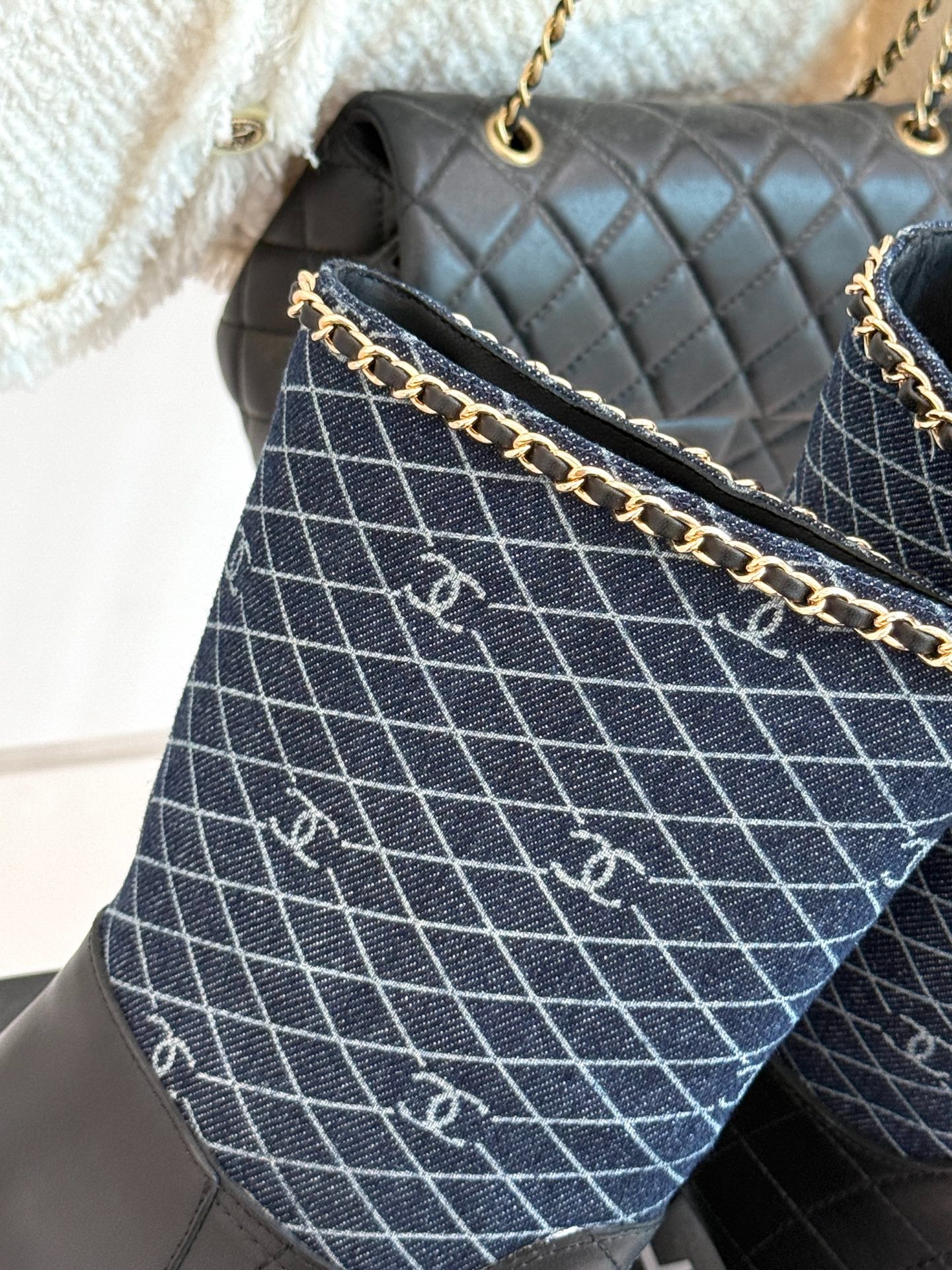 Ch**el Double C Chunky Heel Boots With Chain Detail Blue Denim For Women