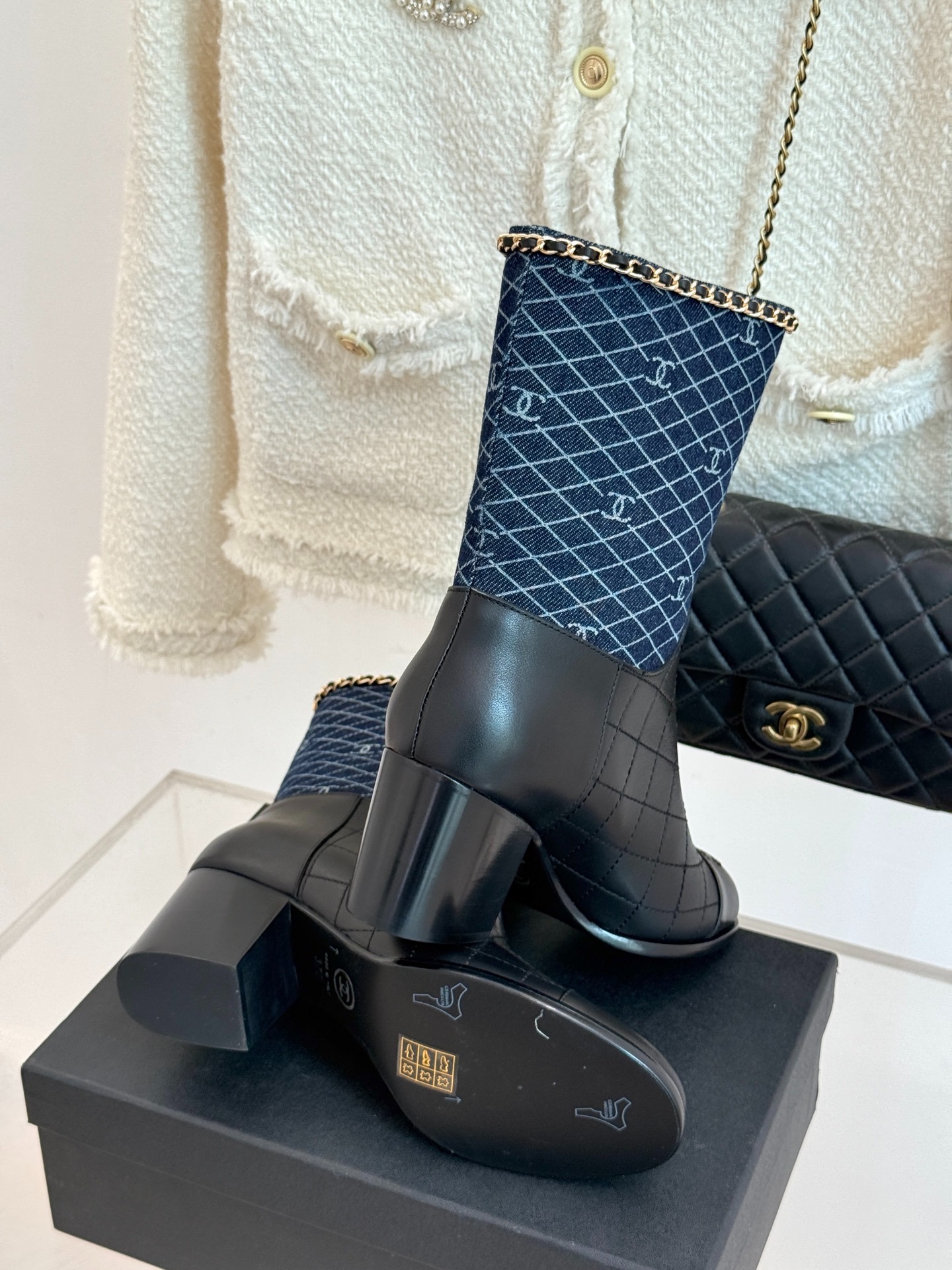 Ch**el Double C Chunky Heel Boots With Chain Detail Blue Denim For Women