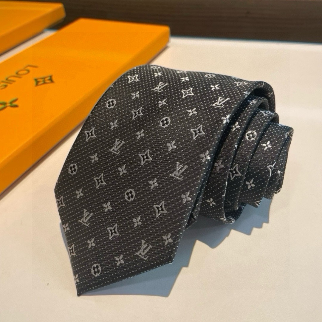 L0vis Vvtt0n Signature Monogram Silk Tie Dark Charcoal Grey For Men