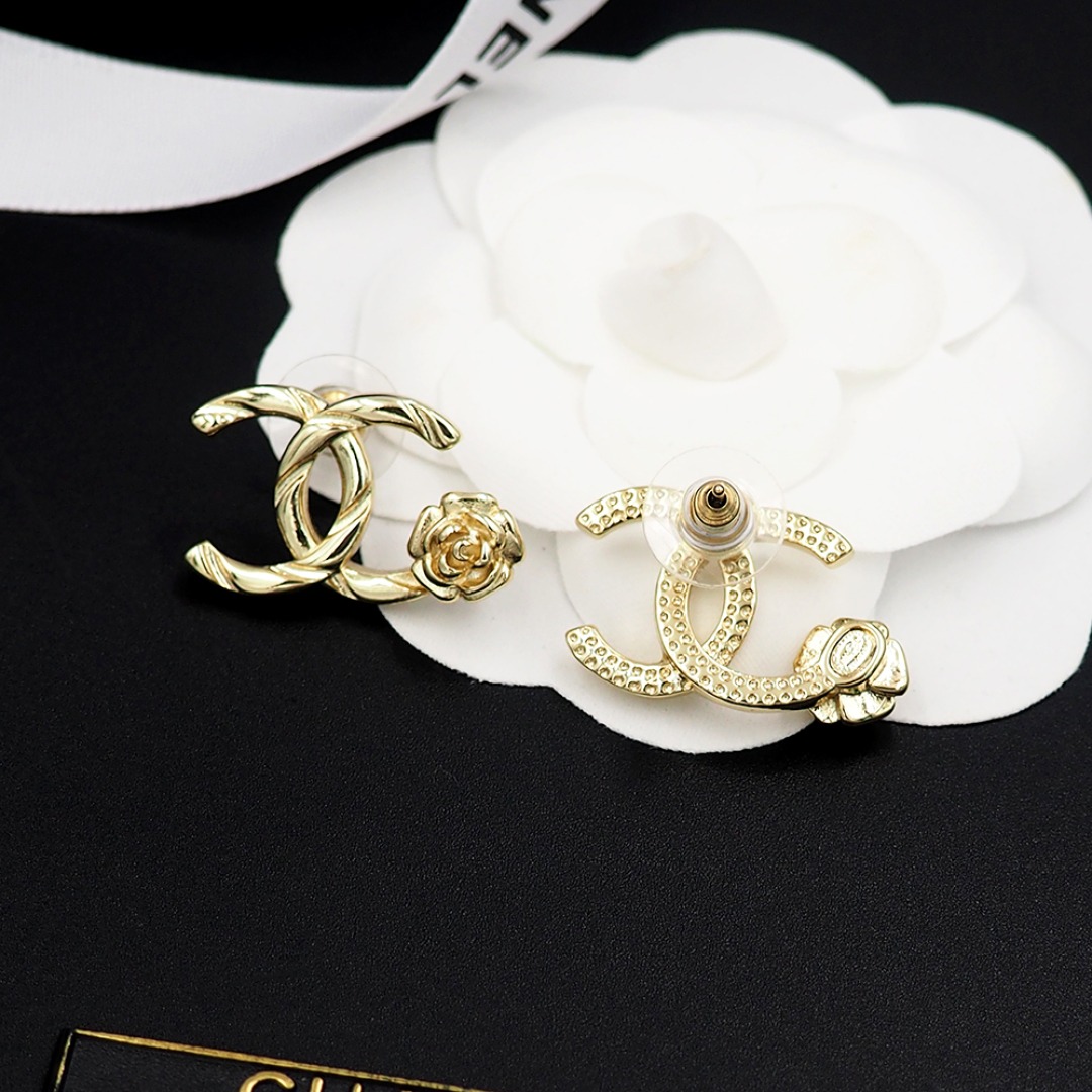 Ch**el CC Logo Earrings With Camellia Flower Detail Gold For Women