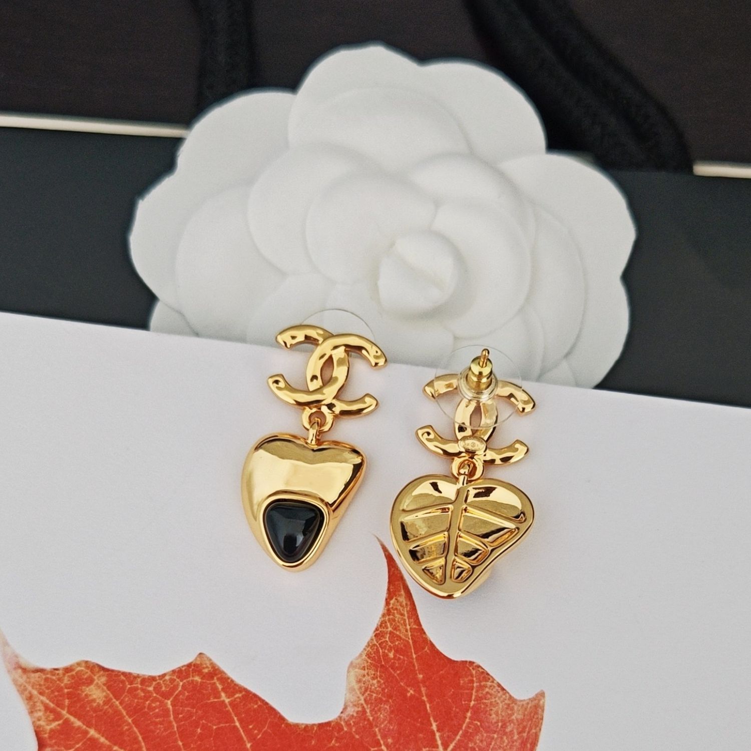 Ch**el Heart Drop Earrings Gold-Toned Metal For Women
