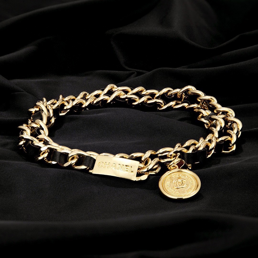 Ch**el Iconic Chain Link With Black Leather And Coin Charm For Women