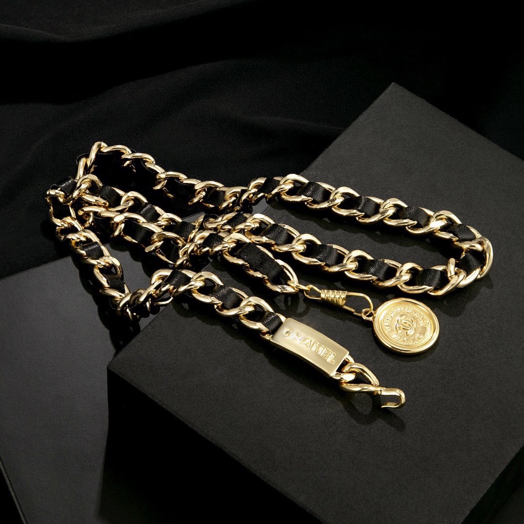 Ch**el Iconic Chain Link With Black Leather And Coin Charm For Women