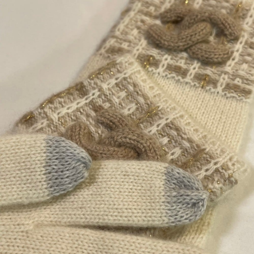 Ch**el Monochrome Winter Knit Set – Hat, Scarf And Gloves Beige For Women