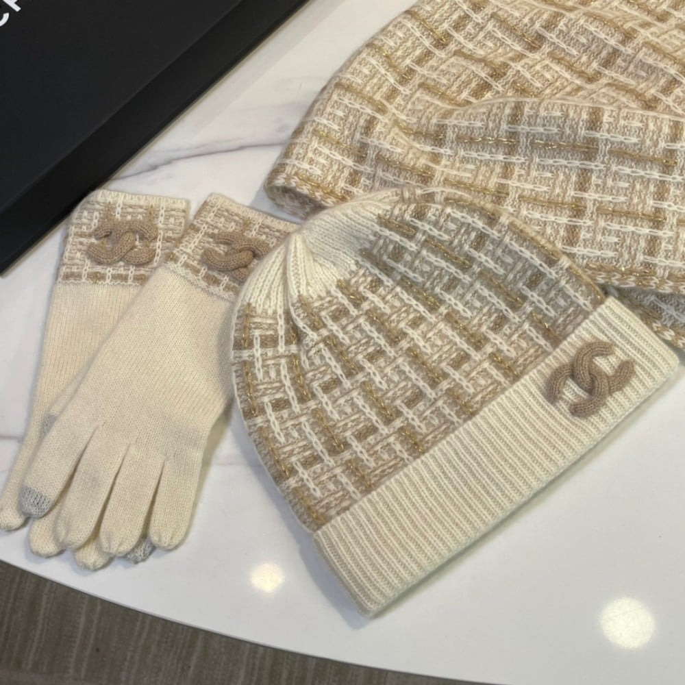 Ch**el Monochrome Winter Knit Set – Hat, Scarf And Gloves Beige For Women