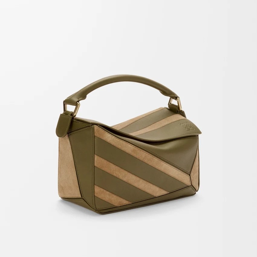 L0ew* Small Puzzle Bag Olive Suede For Women 9.4in/24cm A510S21XCE