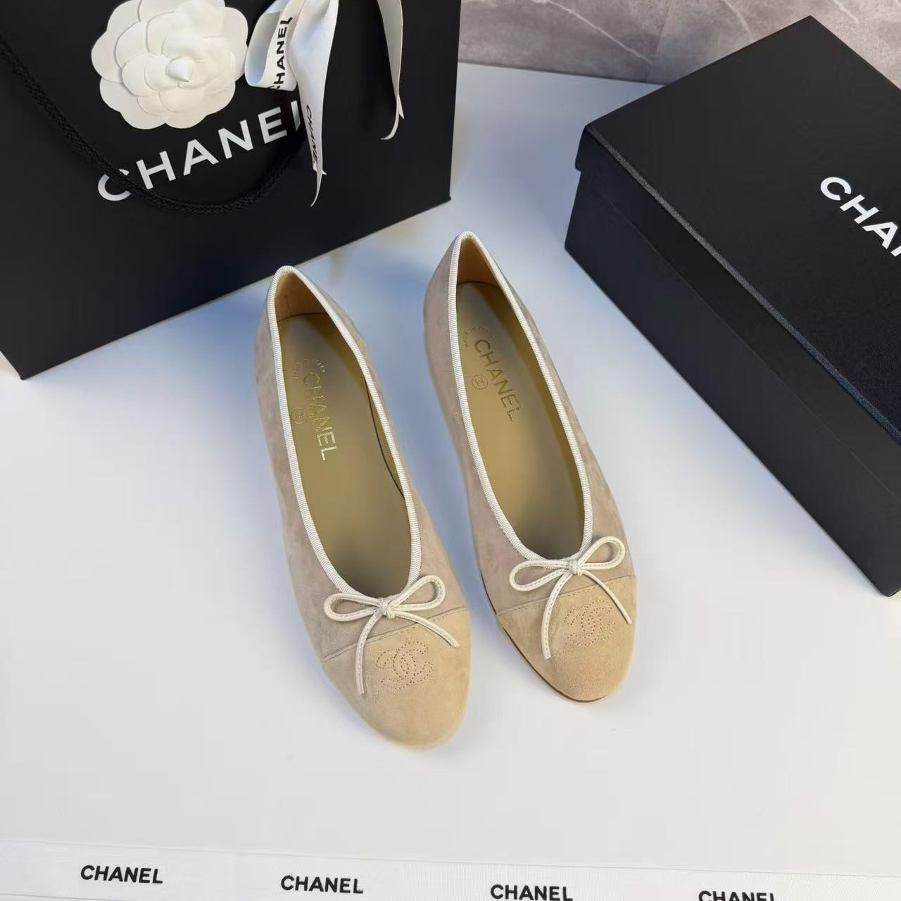 Ch**el Ballet Flats Suede Cream For Women