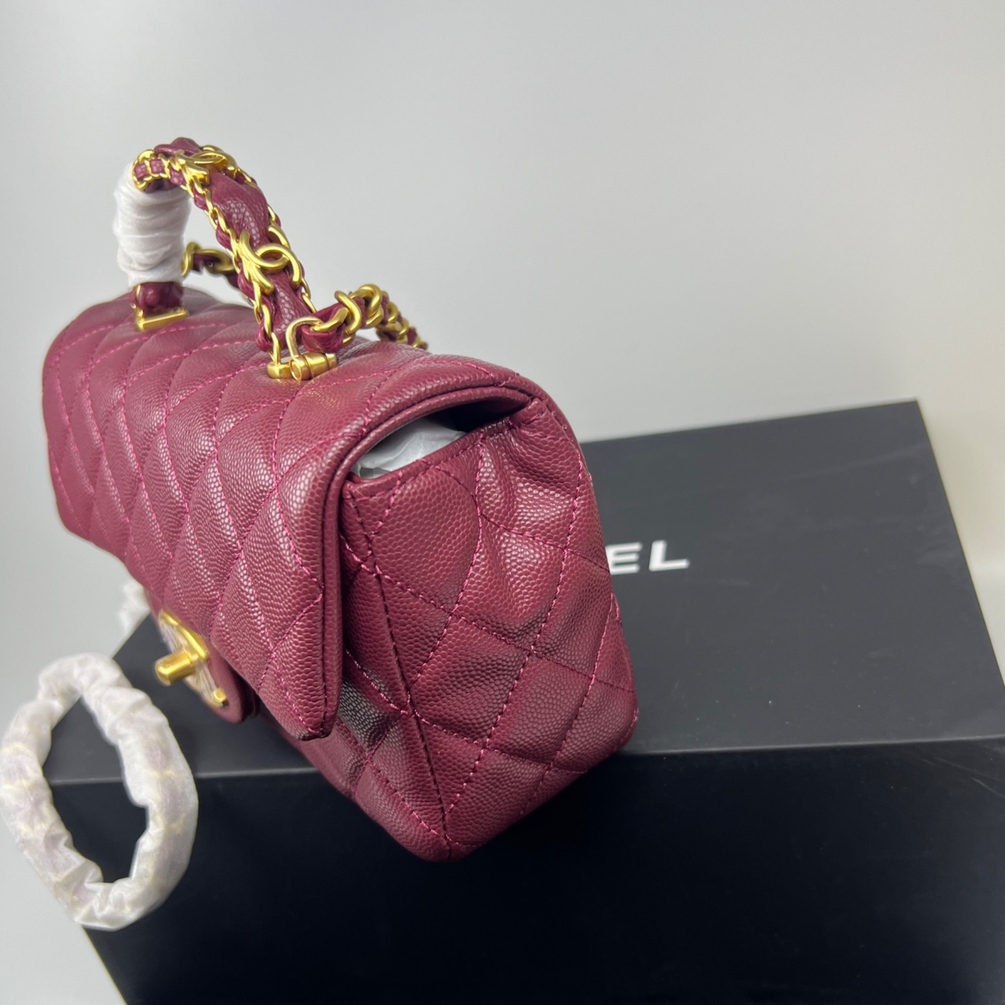 [True-to-ORIGINAL] Ch**el Flapbag With Top Handle Burgundy For Women 7.7in/19.5cm