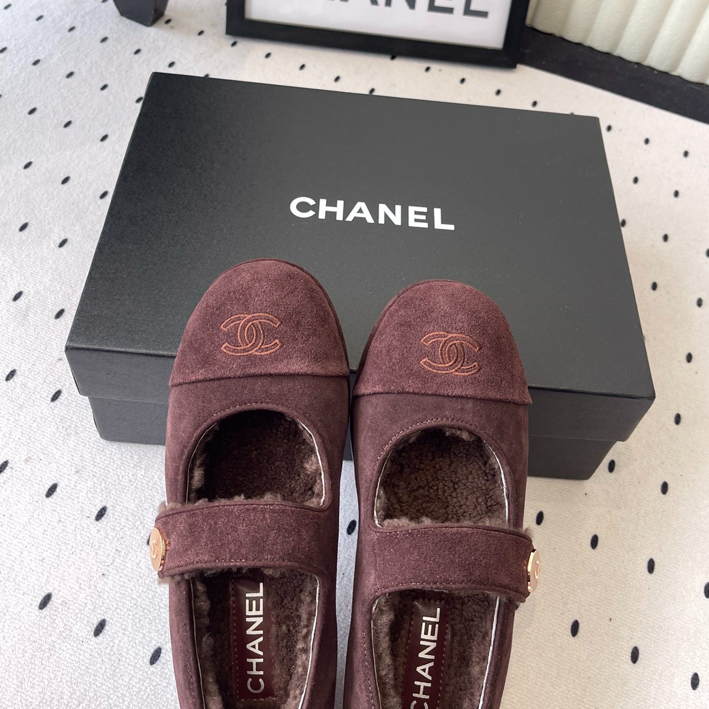 Ch**el Mary Jane Flats Burgundy Suede Shearling For Women