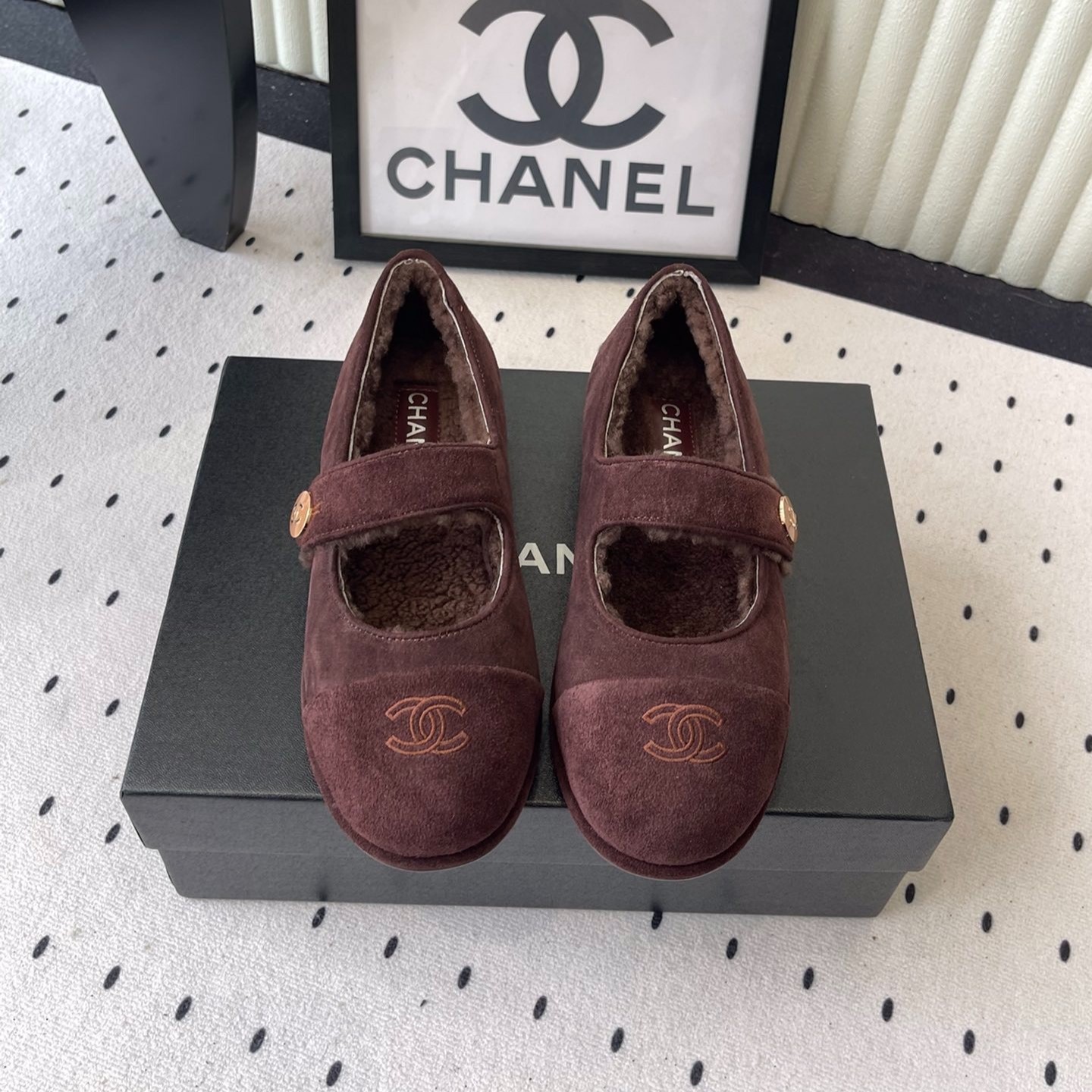 Ch**el Mary Jane Flats Burgundy Suede Shearling For Women