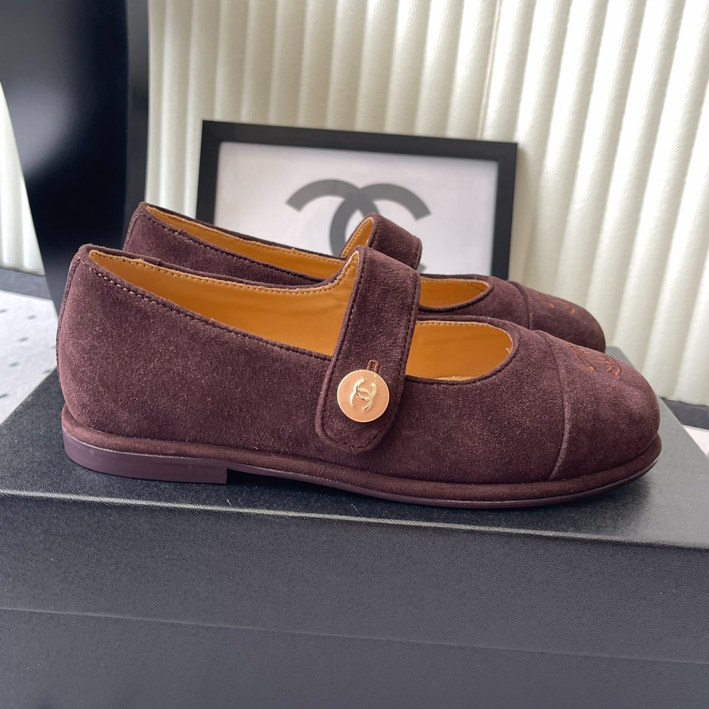 Ch**el Mary Jane Flats Burgundy Suede For Women