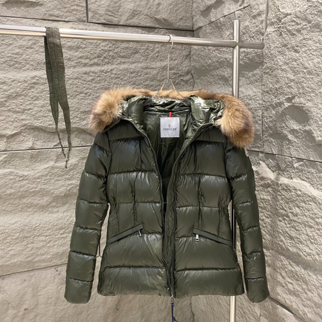 Moncler Boed Hooded Shearling-Trimmed Short Down Jacket Dark Green For Women