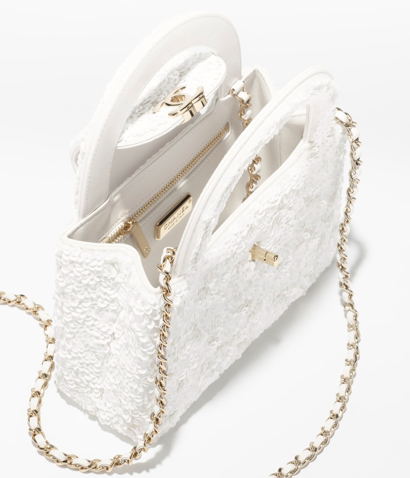 Ch**el Mini Shopping Bag Sequins Gold-Tone Metal White For Women 19cm/7.5in – AS4416-B22757-10601