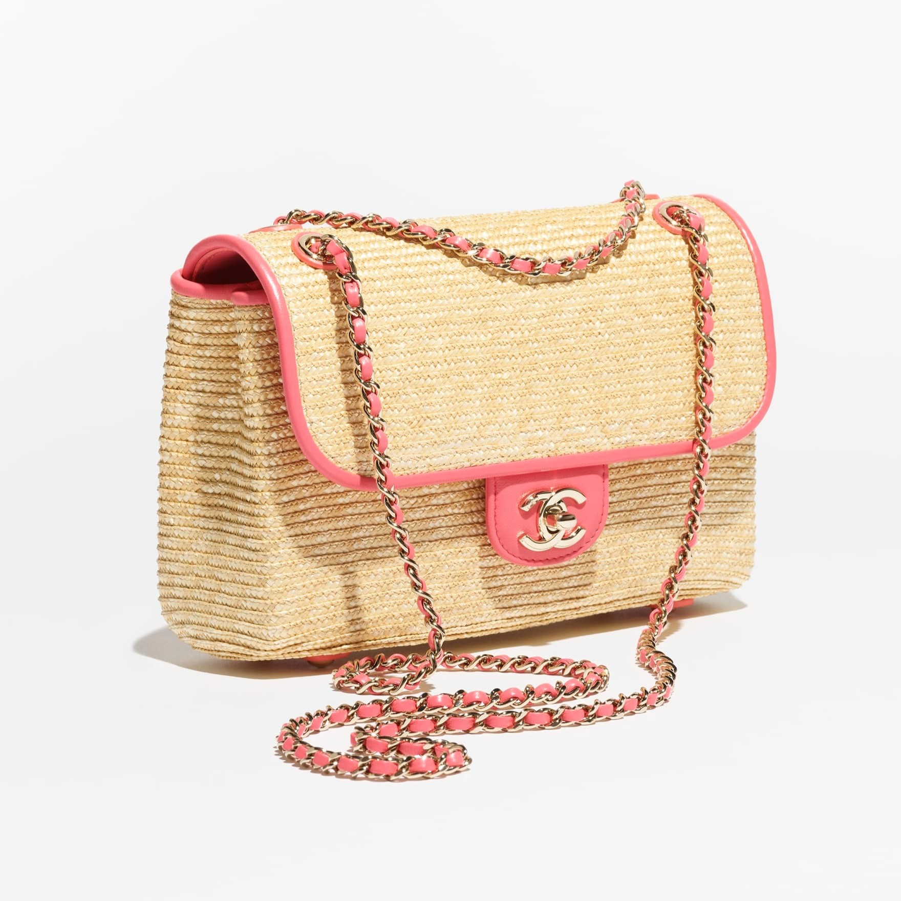 Ch**el Small Flap Bag Dark Beige/Coral Straw For Women 9.1in/23cm AS6017-B22647-U6028