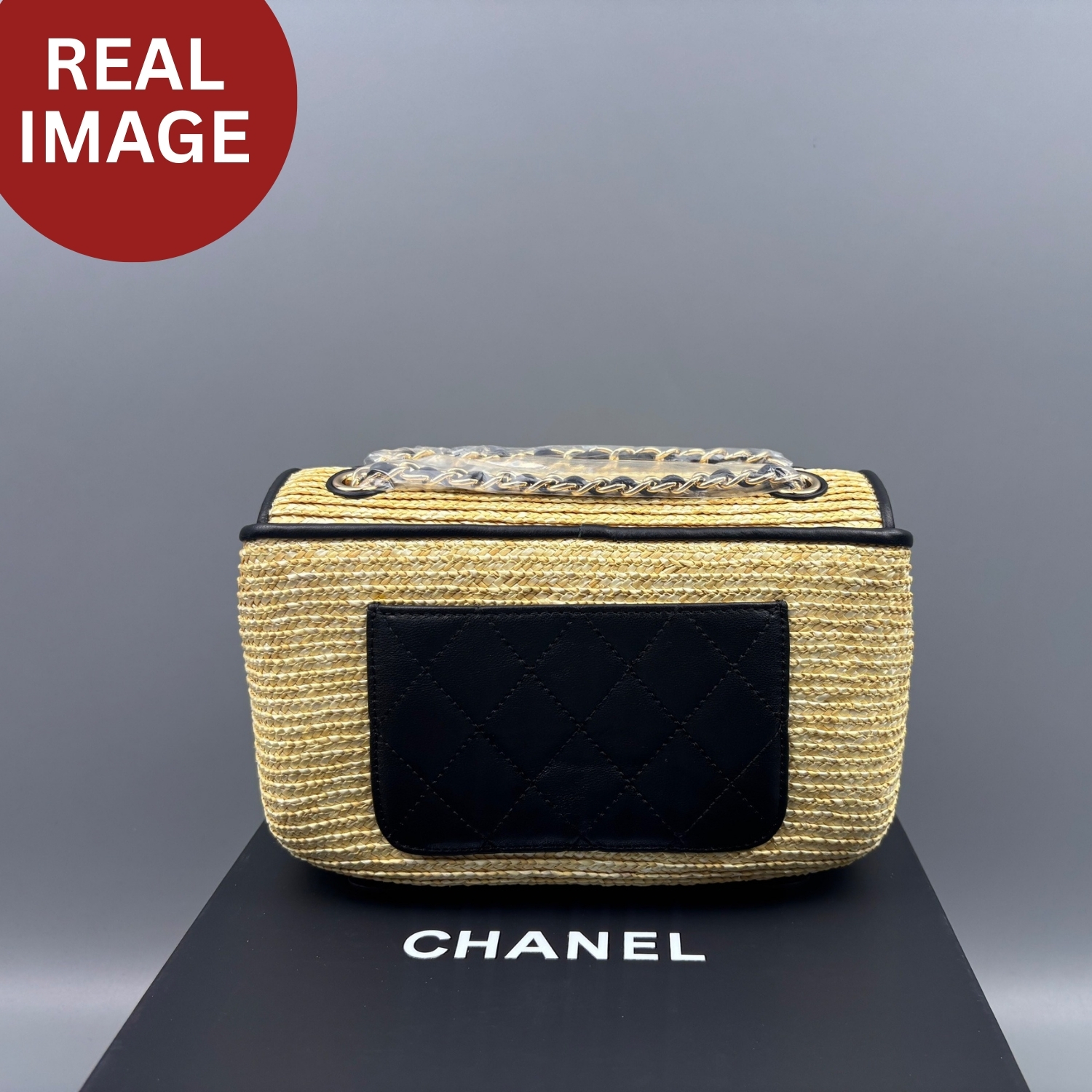 Ch**el Small Flap Bag Dark Beige/Black Straw For Women 9.1in/23cm