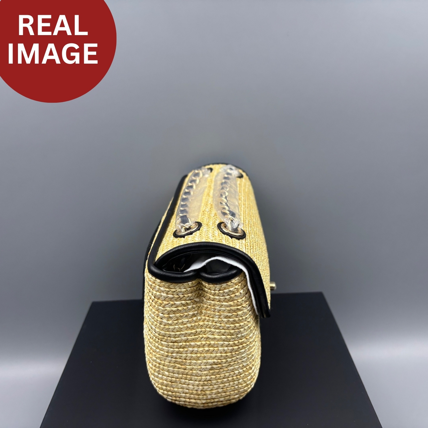 Ch**el Small Flap Bag Dark Beige/Black Straw For Women 9.1in/23cm