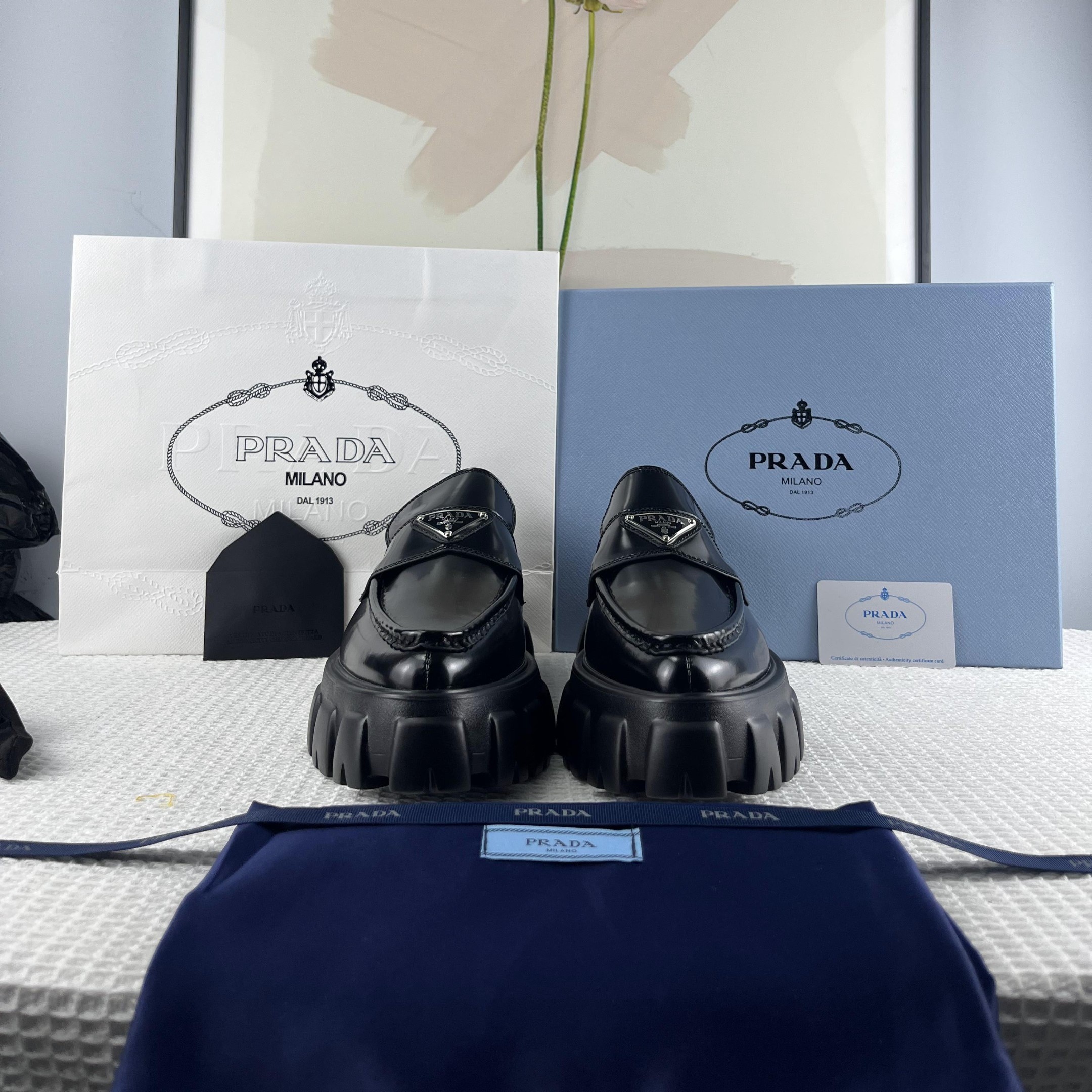 Pra*a Monolith Brushed Loafers Black 2.4in/60mm