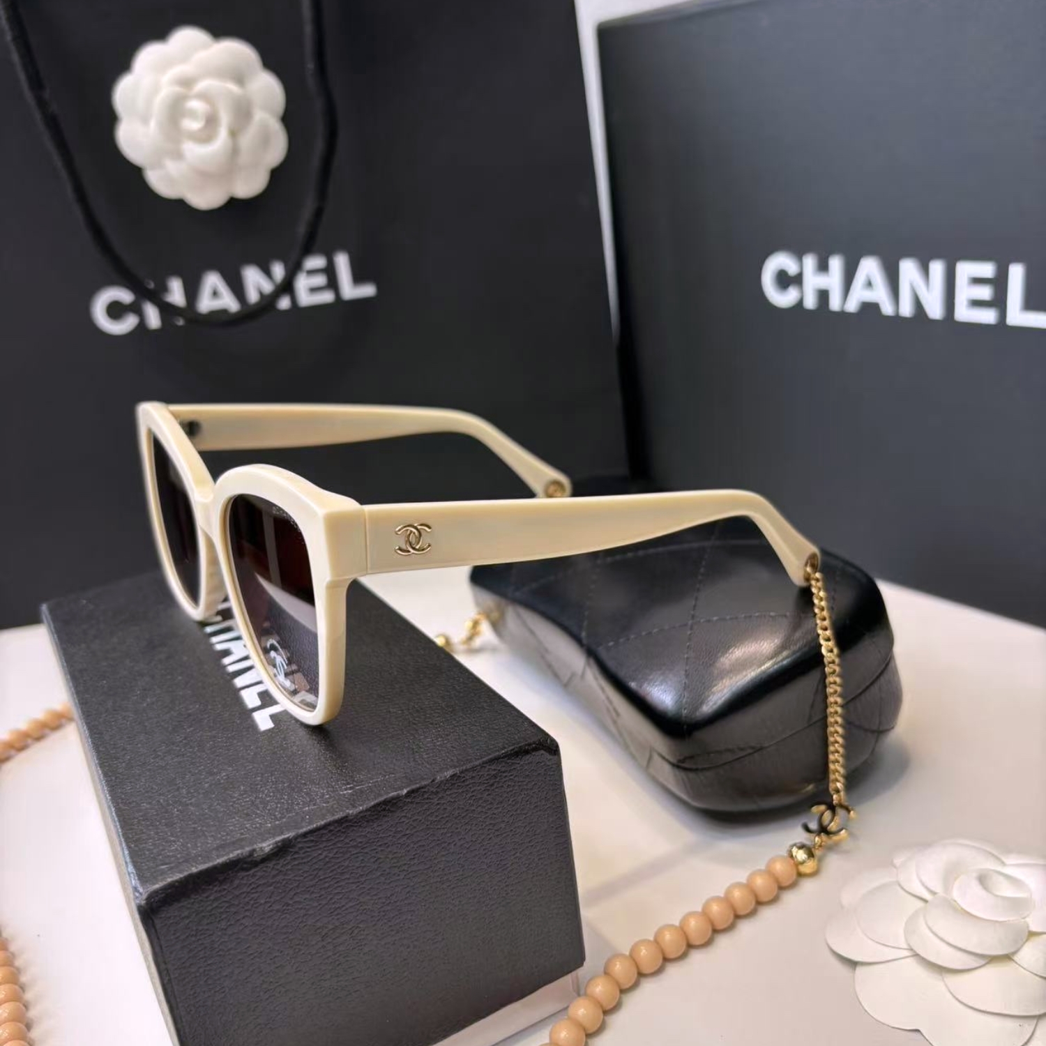 Ch**el Square Sunglasses Beige And Gold For Women A71510 X08101 S9713